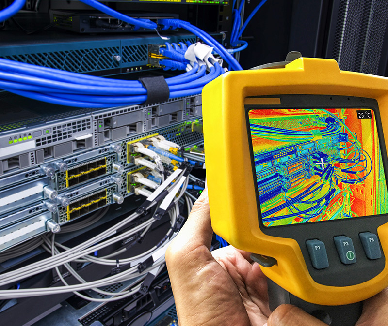 安全与安保 - 一名工作人员使用热成像设备检查装有大量电缆的服务器机架温度。