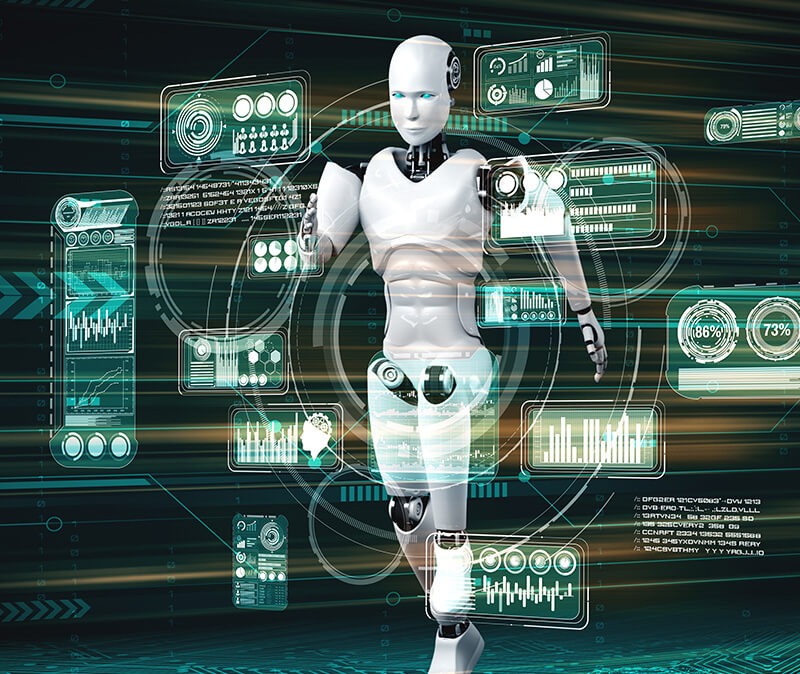 Humanoid Robotics - A humanoid robot runs forward among floating digital data panels and futuristic interface elements on a dark background.